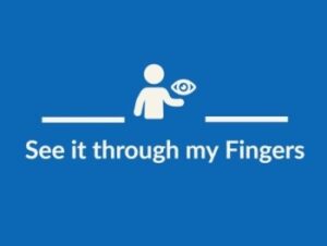 See it through my finger Logo. A white stick figure holds an eye in its palm.